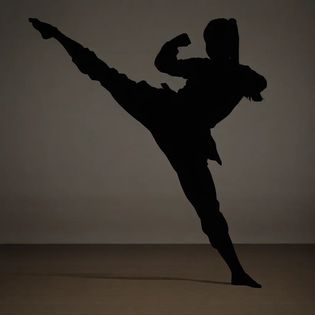 fighting stance, dynamic pose, high quality, flying high kick, dark, black shadow, fine lines, silhouette, action