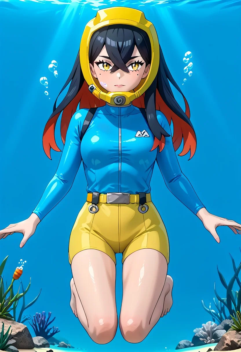 wide angle:0.34, PokemonStyle, pokemon \(anime\), full body,solo female, score_9, score_8, score_7, score_6_up, source_anime, anime coloring, anime screencap, official art,
BREAK full body, 1girl, black hair, colored inner hair, crossed bangs, hair between eyes, hairband, long hair, mole, mole under eye, multicolored hair, red hair, sidelocks, two-tone hair, yellow eyes, floating hair, (blue wetsuit), long sleeves, bare legs, beautiful legs, barefoot,
BREAK
(pokemoncarmine wearing (snug fitting, face-sized(yellow divemask contoured to face))), (mask overlapping chin, mask overlapping cheeks, mask overlapping jawline), (bangs overlapping mask), shiny glass visor:0.5,
BREAK underwater, seafloor, rocks, blue background:0.25, blue overlay:0.55, seaweed, neck
BREAK blue background:0.25, bubbles, BREAK mask snugly on face, regulator, breathing tube, orange oxygen tank strapped to back, harness tightly on chest, belt, swimmingai, floating, bubbles, looking at viewer, diving, looking to side, aloof, closed mouth