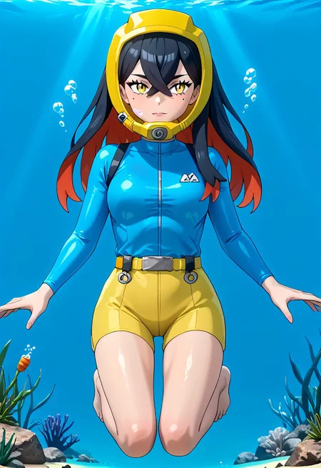 wide angle:0.34, PokemonStyle, pokemon \(anime\), full body,solo female, score_9, score_8, score_7, score_6_up, source_anime, anime coloring, anime screencap, official art,
BREAK full body, 1girl, black hair, colored inner hair, crossed bangs, hair between eyes, hairband, long hair, mole, mole under eye, multicolored hair, red hair, sidelocks, two-tone hair, yellow eyes, floating hair, (blue wetsuit), long sleeves, bare legs, beautiful legs, barefoot,
BREAK
(pokemoncarmine wearing (snug fitting, face-sized(yellow divemask contoured to face))), (mask overlapping chin, mask overlapping cheeks, mask overlapping jawline), (bangs overlapping mask), shiny glass visor:0.5,
BREAK underwater, seafloor, rocks, blue background:0.25, blue overlay:0.55, seaweed, neck
BREAK blue background:0.25, bubbles, BREAK mask snugly on face, regulator, breathing tube, orange oxygen tank strapped to back, harness tightly on chest, belt, swimmingai, floating, bubbles, looking at viewer, diving, looking to side, aloof, closed mouth