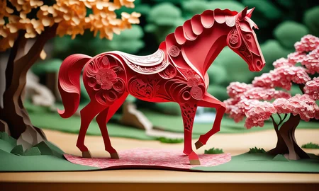 Kirigami representation of <lora:papercarvingcd_xl-000005:0.6>,a handmade sculpture of a horse made of papercarvingcd_xl in office scene,full body,scenery,tree,river,stone,lawn,miniature,tilt-shift,indoors,chinese zodiac,wooden table,cutie,cute,still life,animal statue,front view,facing viewer,looking at viewer,8K,HDR,UHD,masterpiece,best quality,highly detailed,high resolution,finely detail,extremely detailed,ultra detailed,wallpaper . 3D, paper folding, paper cutting, Japanese, intricate, symmetrical, precision, clean lines