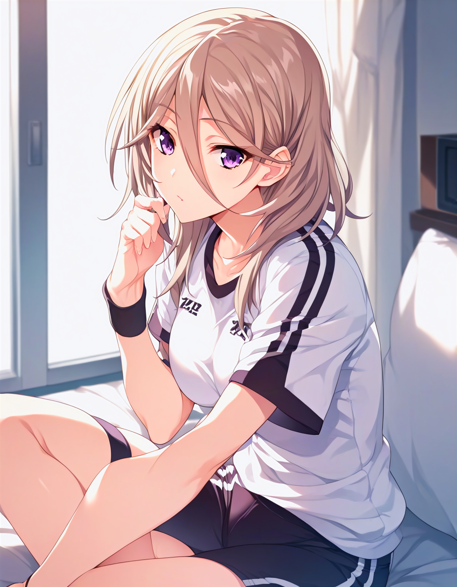 1girl,solo,<lora:inui_azusa_epoch_8:0.9>,inui_azusa,hair between eyes,purple eyes,sportswear,indoors,, score_9, score_8_up, score_7_up, source_anime,