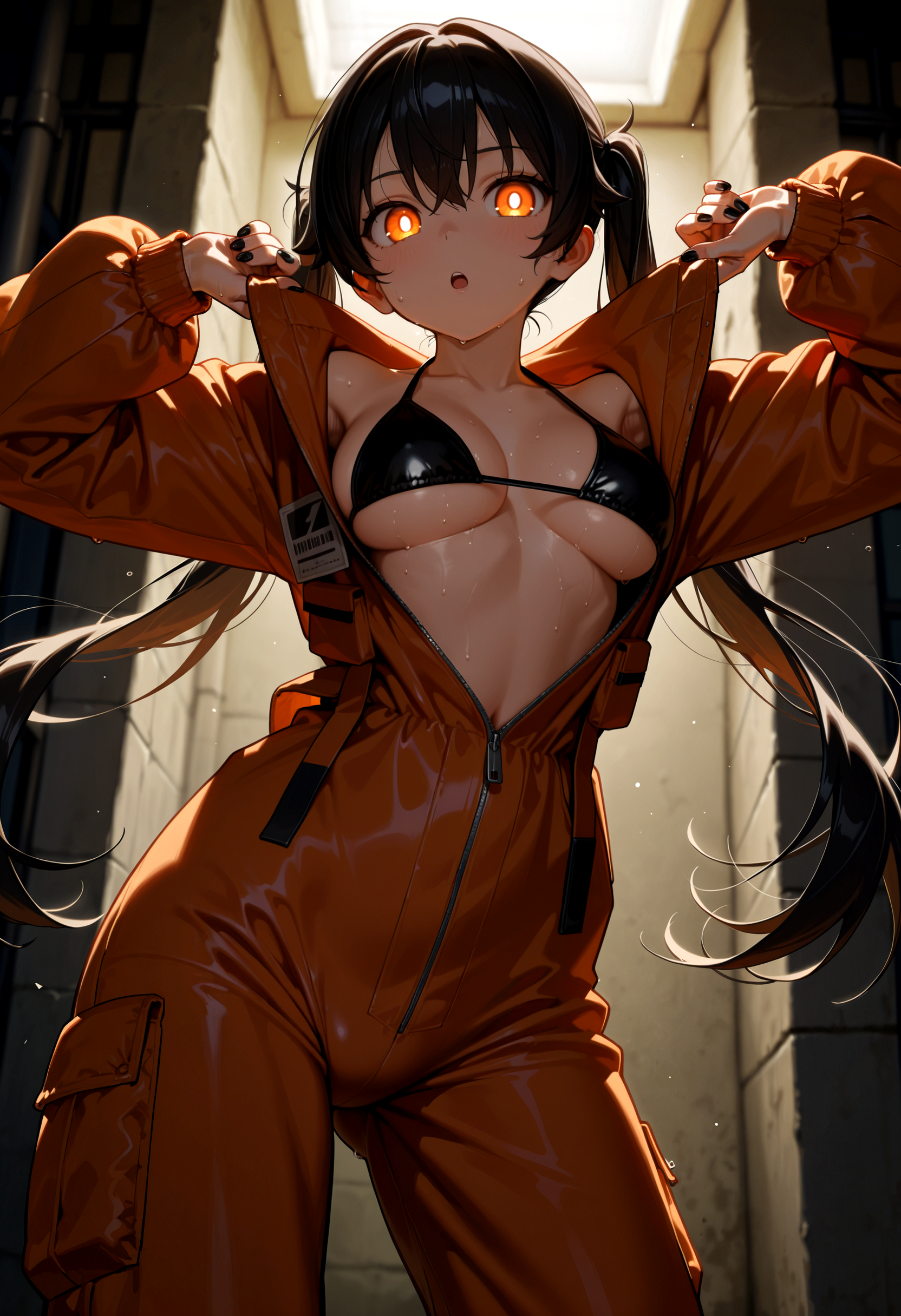 masterpiece, best quality, very aesthetic, detailed background, dark, volumetric lighting, low contrast, dynamic pose, BREAK tamaki kotatsu, orange eyes, glowing eye, bright pupils, :o, black hair, black nails, long hair, twintails, orange jumpsuit, oversized jumpsuit, partially unzipped, side boob, underboob, black bikini, bikini under clothes, sweat, looking at viewer,