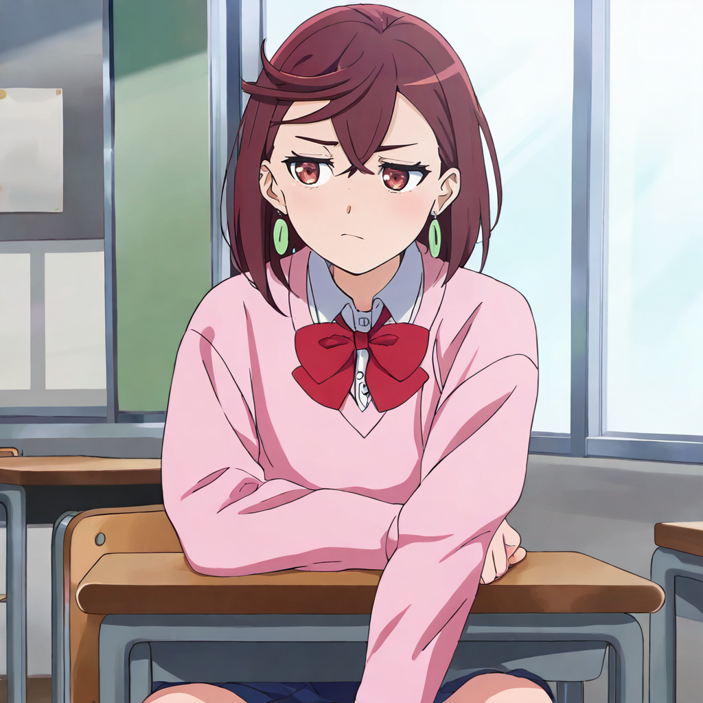 masterpiece, best quality, ayase momo, dandadan, brown hair, brown eyes, pink long sleeve sweatshirt, short blue skirt, white collared undershirt, red bow around neck, simple green circle earings, sitting dowwn, classroom, bored, window, sunny, <lora:Dandadan_Style:1>