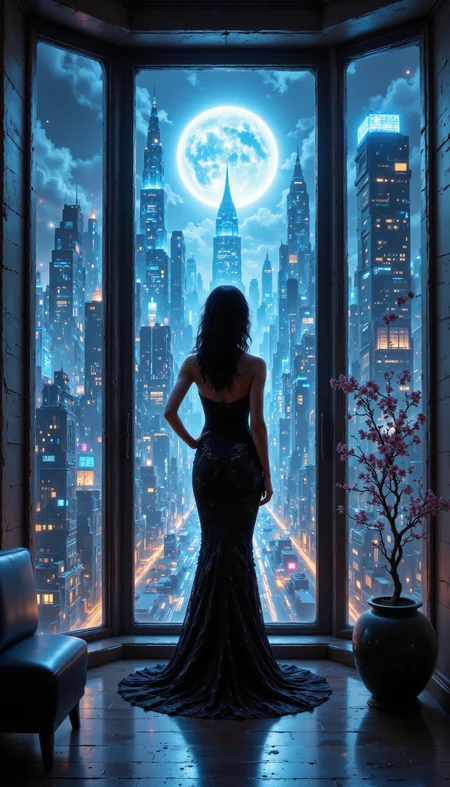 A beautiful, dark-haired woman with an impeccably fit physique, dressed in a sleek, black evening gown that hugs her curves, standing in a luxurious penthouse suite. She stands by a floor-to-ceiling window, gazing out over the city lights below, one hand delicately resting on her hip. The dramatic lighting from the city skyline illuminates her figure, casting her as a modern goddess looking down on her domain. Beauty, PhotoRealism, [vivid style, cinematic lighting, nighttime cityscape background],(photorealistic:1.2), 32k, high contrast, intricately detailed eyes), real (skin textures), aidmaimageupgrader, aidmafluxpro1.1, aidmasoftglow