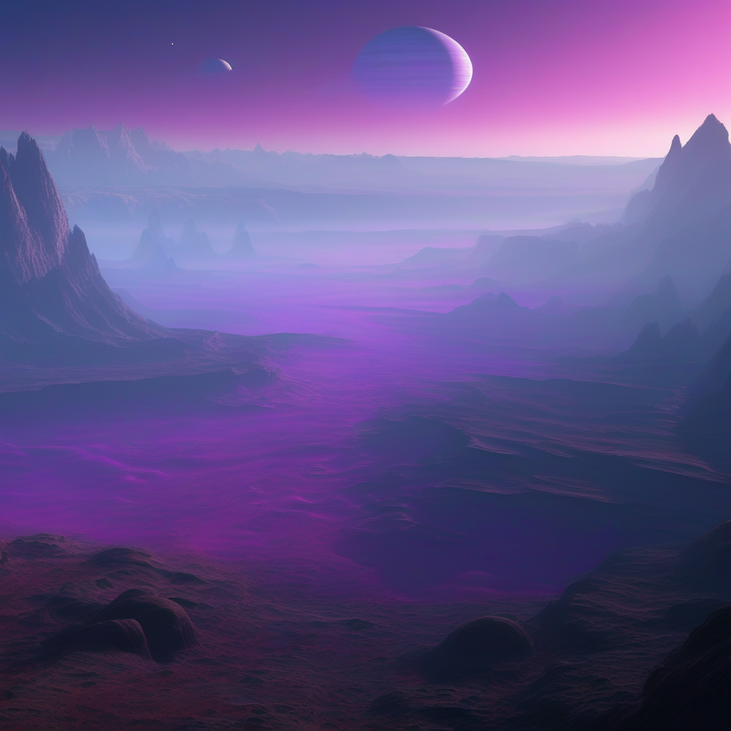 Generate a hyper-realistic valley on a planet from another universe, with deep canyons carved by ancient rivers. The sky is filled with distant planets, each glowing with different shades of blue and purple. Overhead, massive rings of a nearby planet cast a shadow on the land below. A purple-pink sunset illuminates the rocky landscape, with sharp cliffs and floating islands, while mist rises from the valley floor, creating a mysterious and awe-inspiring view of this alien world.
