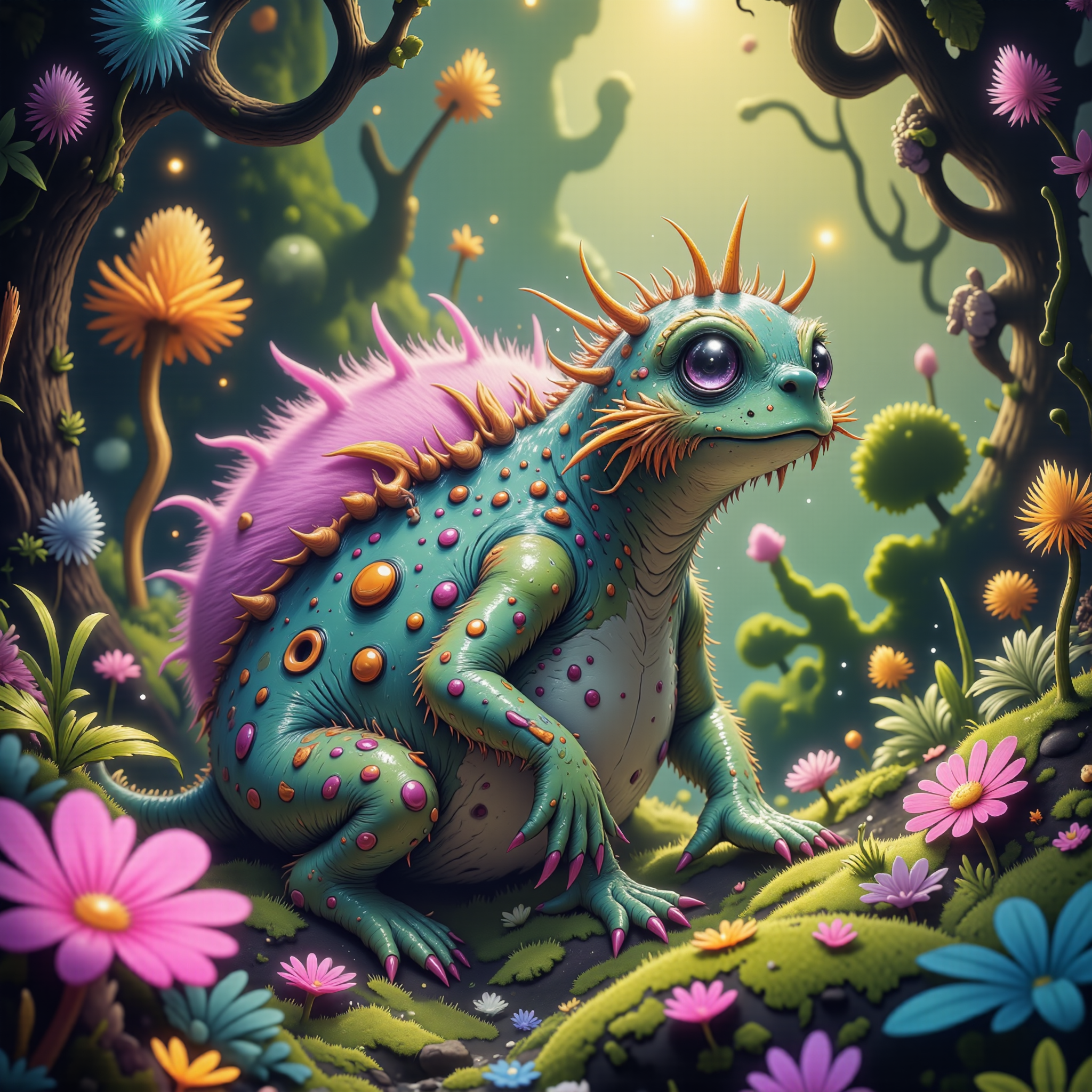 highly detailed, intricate, detailed background, award-winning macro photo, (short depth of field:1.2), (fractal art:0.8), the (diminutive:1.4) "forest gootchfrotz" is a (miraculous:1.1) and (fantastic:1.3) (bioluminescent beast:1.1), it thrives among the (whimsical flora:1.2) in the peatlands on planet "irk", (dappled sunlight:1.1), golden ratio, in the style of ck-ovf, amanoer, seusiancartoon, aidmamj6.1, 
<lora:style-oneviolentfantasy-ep21-flux-by_chronoknight:0.68> 
<lora:style-seussian_cartoon-flux-by_daalis:0.64> 
<lora:midjourney_61-v0.4-flux-by_aidma:0.6> 
<lora:faetastic_details-flux-by_faeia:0.4>
