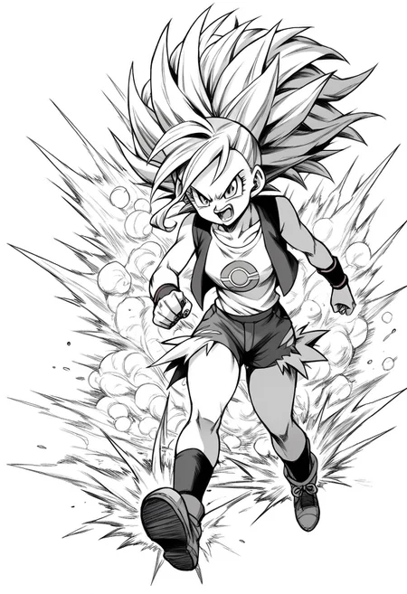 <lora:Dragon Ball_XL:0.8>, score_8_up, score_9_up, 1girl, solo, pokemonhilda, super saiyan, spiked hair, full body, open mouth, female focus, monochrome, grayscale