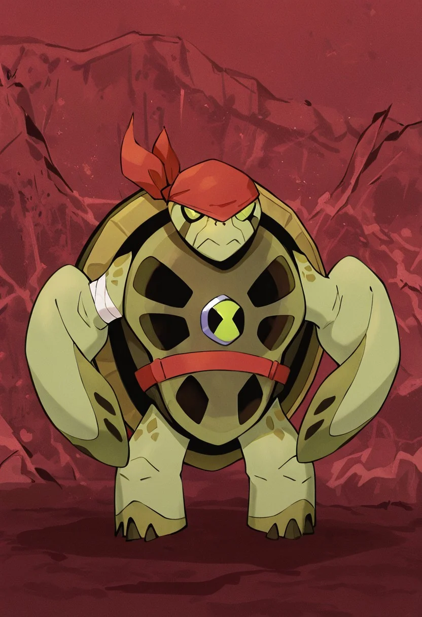 masterpiece, best quality, amazing quality, very aesthetic, absurdres, newest,, detailed background, 
terraspin, pokemon (creature), solo, no humans, closed mouth, green eyes, green skin, shell, turtle, small head
red bandanna, red eye mask, red belt, bandaged arms, red background,