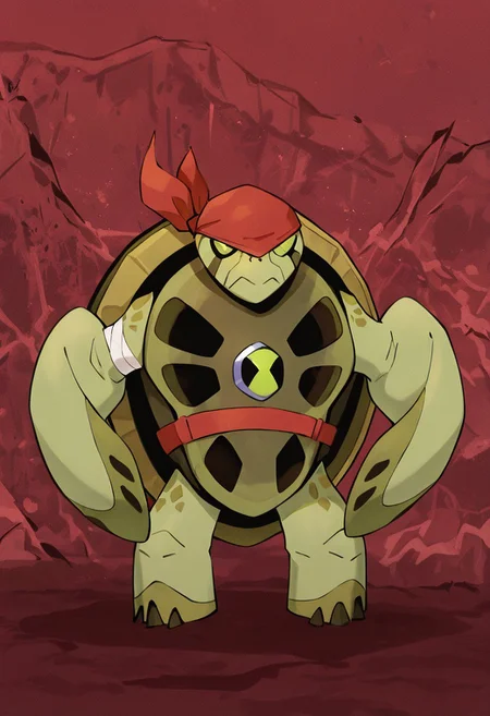 masterpiece, best quality, amazing quality, very aesthetic, absurdres, newest,, detailed background, 
terraspin, pokemon (creature), solo, no humans, closed mouth, green eyes, green skin, shell, turtle, small head
red bandanna, red eye mask, red belt, bandaged arms, red background,