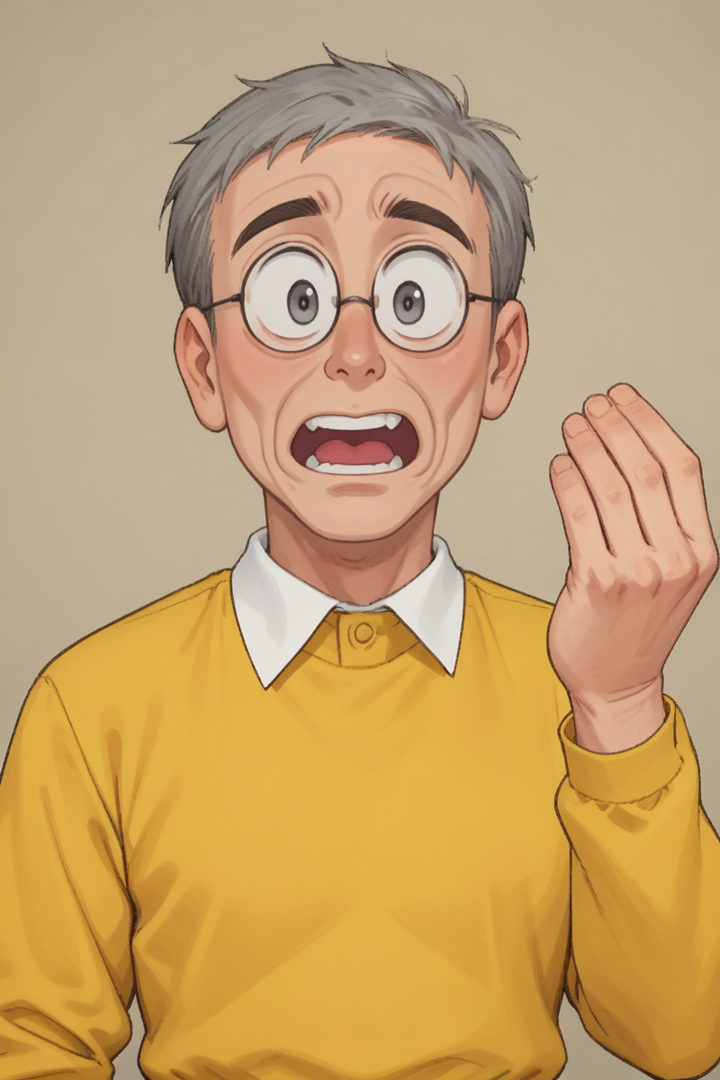 1man_80 year old man,NOBITA,ROUND GLASSES,YELLOW SHIRTS,<lora:nobita:0.7>,solo, gray hair, gray eyes,wrinkled face,
upper body,clean face,Surprised expression, :O,
hud_it4lian_g3sture, hand up, looking at viewer, upper body, open mouth, teeth,
 <lora:pinchedfingers:0.9>
<lora:sdxl_lightning_8step_lora:1>,
score_9, score_8_up, score_7_up,score_6_up,dof,source_anime,
hyper-Detailed, masterpiece, best Quality,film Grain,