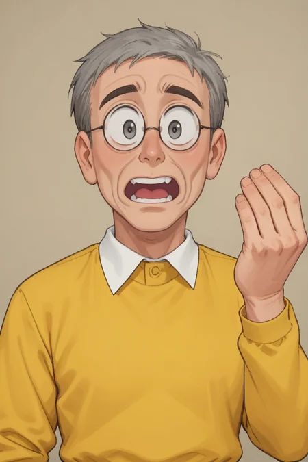 1man_80 year old man,NOBITA,ROUND GLASSES,YELLOW SHIRTS,<lora:nobita:0.7>,solo, gray hair, gray eyes,wrinkled face,
upper body,clean face,Surprised expression, :O,
hud_it4lian_g3sture, hand up, looking at viewer, upper body, open mouth, teeth,
<lora:pinchedfingers:0.9>
<lora:sdxl_lightning_8step_lora:1>,
score_9, score_8_up, score_7_up,score_6_up,dof,source_anime,
hyper-Detailed, masterpiece, best Quality,film Grain,