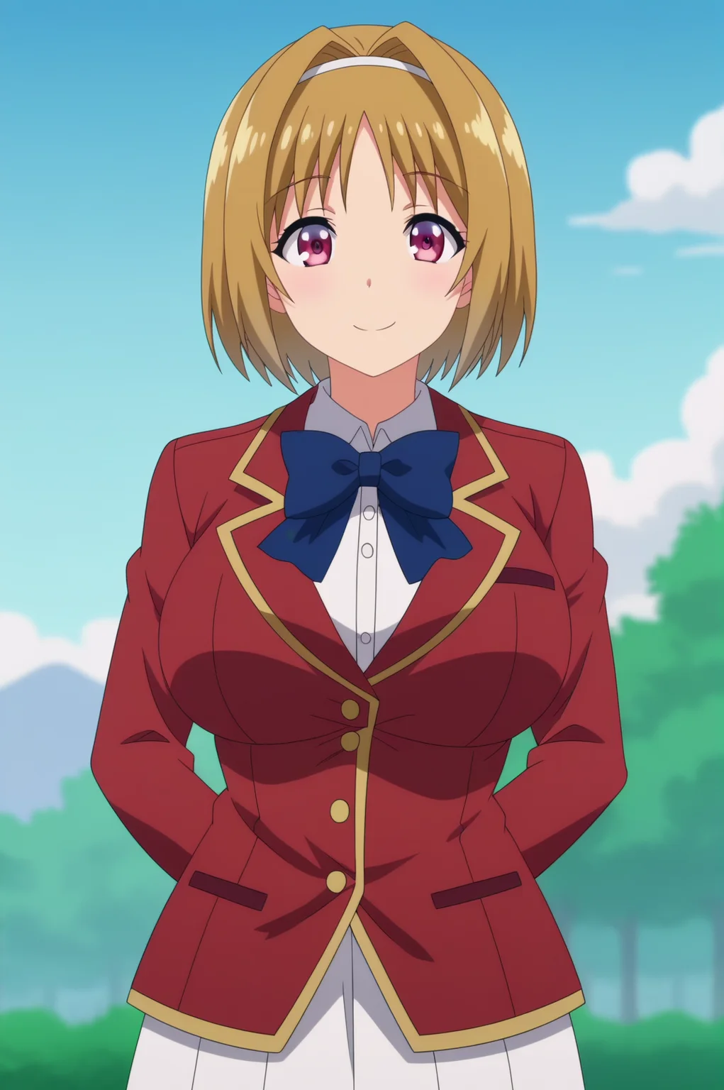 kikyo kushida,anime screencap,1girl,solo,mature,short hair,hairband,smile,brown hair,red jacket,bow,outdoors,sky,standing,smile, school uniform,bow large breasts, <lora:Kikyo Kushida - PDXL2.safetensors:0.8>