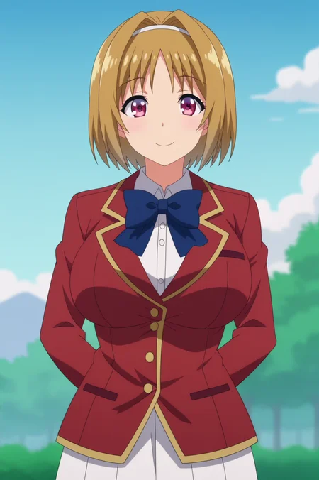 kikyo kushida,anime screencap,1girl,solo,mature,short hair,hairband,smile,brown hair,red jacket,bow,outdoors,sky,standing,smile, school uniform,bow large breasts, <lora:Kikyo Kushida - PDXL2.safetensors:0.8>
