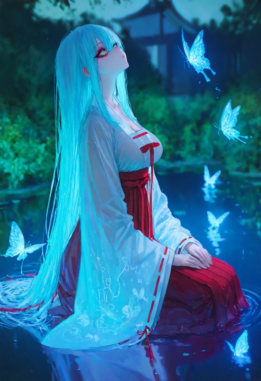 ((artist:betabeet)),artist:john_kafka,artist:nixeu,artist:quasarcake,masterpiece,best quality,solo,
(sexy, slutty, hot, aroused),glowing blue hair, Rimuru Tempest,, large breasts,
japanese clothes, see-through, wide sleeves, ribbon trim, hakama, jingle bell, ribbon-trimmed sleeves,eyeliner, red hakama, hakama skirt, seiza, jewelry, Girl Focus, sitting, look up,firm look, partially submerged, ripples, reflection, reflective water, reflective floor, shallow water, from side,
(blurry background:1.21),(hanfu:1.61051),(chinese clothes:1.21),(eyeliner, makeup:1.331),
butterfly,garden,falling,