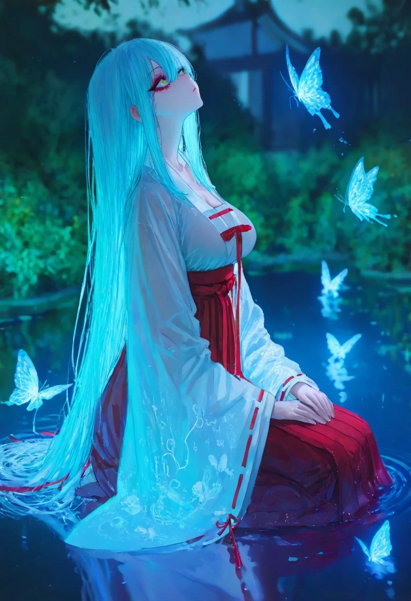 ((artist:betabeet)),artist:john_kafka,artist:nixeu,artist:quasarcake,masterpiece,best quality,solo,
(sexy, slutty, hot, aroused),glowing blue hair, Rimuru Tempest,, large breasts,
japanese clothes, see-through, wide sleeves, ribbon trim, hakama, jingle bell, ribbon-trimmed sleeves,eyeliner, red hakama, hakama skirt, seiza, jewelry, Girl Focus, sitting, look up,firm look, partially submerged, ripples, reflection, reflective water, reflective floor, shallow water, from side,
(blurry background:1.21),(hanfu:1.61051),(chinese clothes:1.21),(eyeliner, makeup:1.331),
butterfly,garden,falling,
