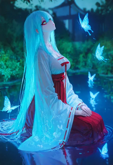 ((artist:betabeet)),artist:john_kafka,artist:nixeu,artist:quasarcake,masterpiece,best quality,solo,
(sexy, slutty, hot, aroused),glowing blue hair, Rimuru Tempest,, large breasts,
japanese clothes, see-through, wide sleeves, ribbon trim, hakama, jingle bell, ribbon-trimmed sleeves,eyeliner, red hakama, hakama skirt, seiza, jewelry, Girl Focus, sitting, look up,firm look, partially submerged, ripples, reflection, reflective water, reflective floor, shallow water, from side,
(blurry background:1.21),(hanfu:1.61051),(chinese clothes:1.21),(eyeliner, makeup:1.331),
butterfly,garden,falling,
