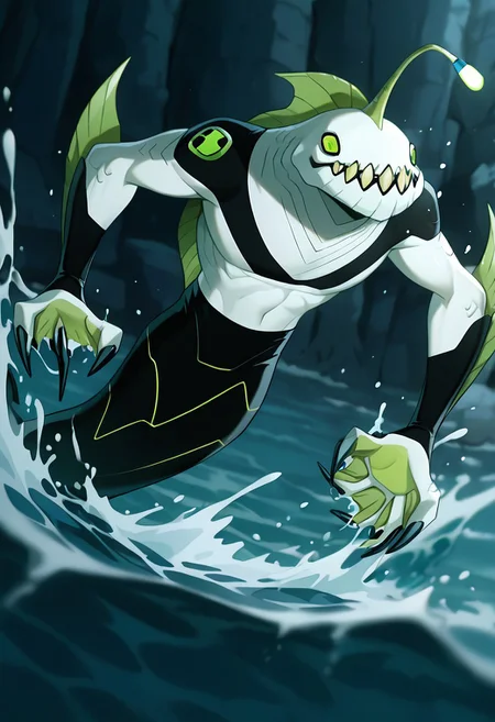masterpiece, best quality, amazing quality, very aesthetic, absurdres, newest,,
ripjawsov, no humans, sharp teeth, teeth, colored skin, monster, pale skin, angler fish lure, green eyes, small eyes, , monster boy, claws, digimon (creature), fins, , square jaw
rising from water, splashing, depth of field, foreground blur, water, rising,