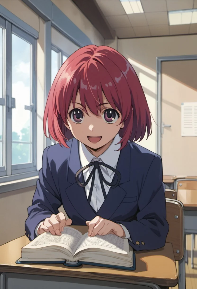 score_9, score_8_up, score_7_up, source_anime, kushieda minori, red hair, short hair, purple eyes, 1girl, school uniform, solo, open mouth, smile, book, desk, oohashi high school uniform