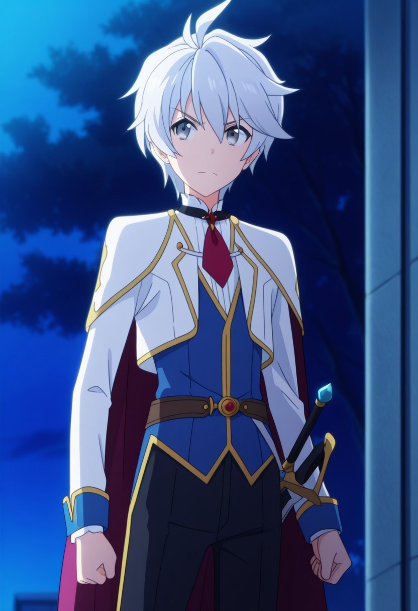masterpiece, anime screencap, best quality, official style, soft details, smooth hair, 1boy, solo, male focus, looking away,  long sleeve, white collared shirt, prince uniform, necktie, cape, whole body, cowboy shot, skinny,, round face, bangs, youthful, outdoor, school, at night, lux_arcadia, white hair, ahoge, angry, standing, grey eyes, holding sword, closed mouth, action pose