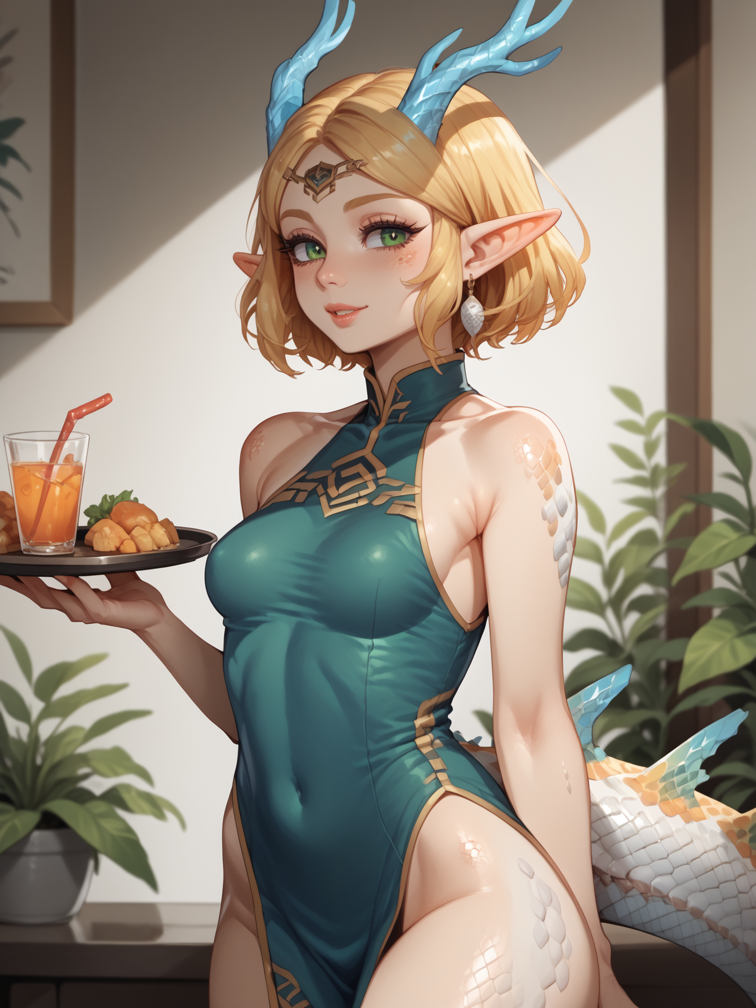 score_9, score_8_up, score_7_up, score_6_up, score_5_up, score_4_up, detailed eyes, beautiful eyes, <lora:PONYXL_FD-MegaBreastPack:0.5>  <lora:Test Light dragon Zelda Hybrid:1> Zelda, blonde hair, short hair, elf ears, green eyes, hybrid, scales, white scales, horns, blue crystal horns, tail, <lora:Scalie:1> scalie, white scales, China dress, china style inn, serving tray, serving tables,