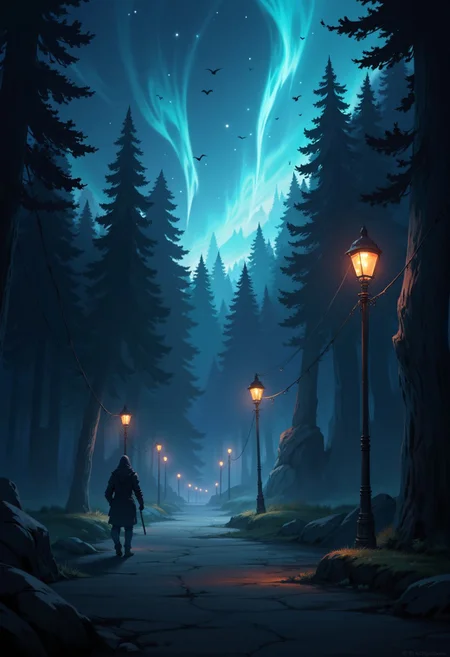 score_9, score_8_up, score_7_up, night, moon, dark, foggy, forest, road, old streetlamps, orange lights, hooded figure, northern lights, birds,