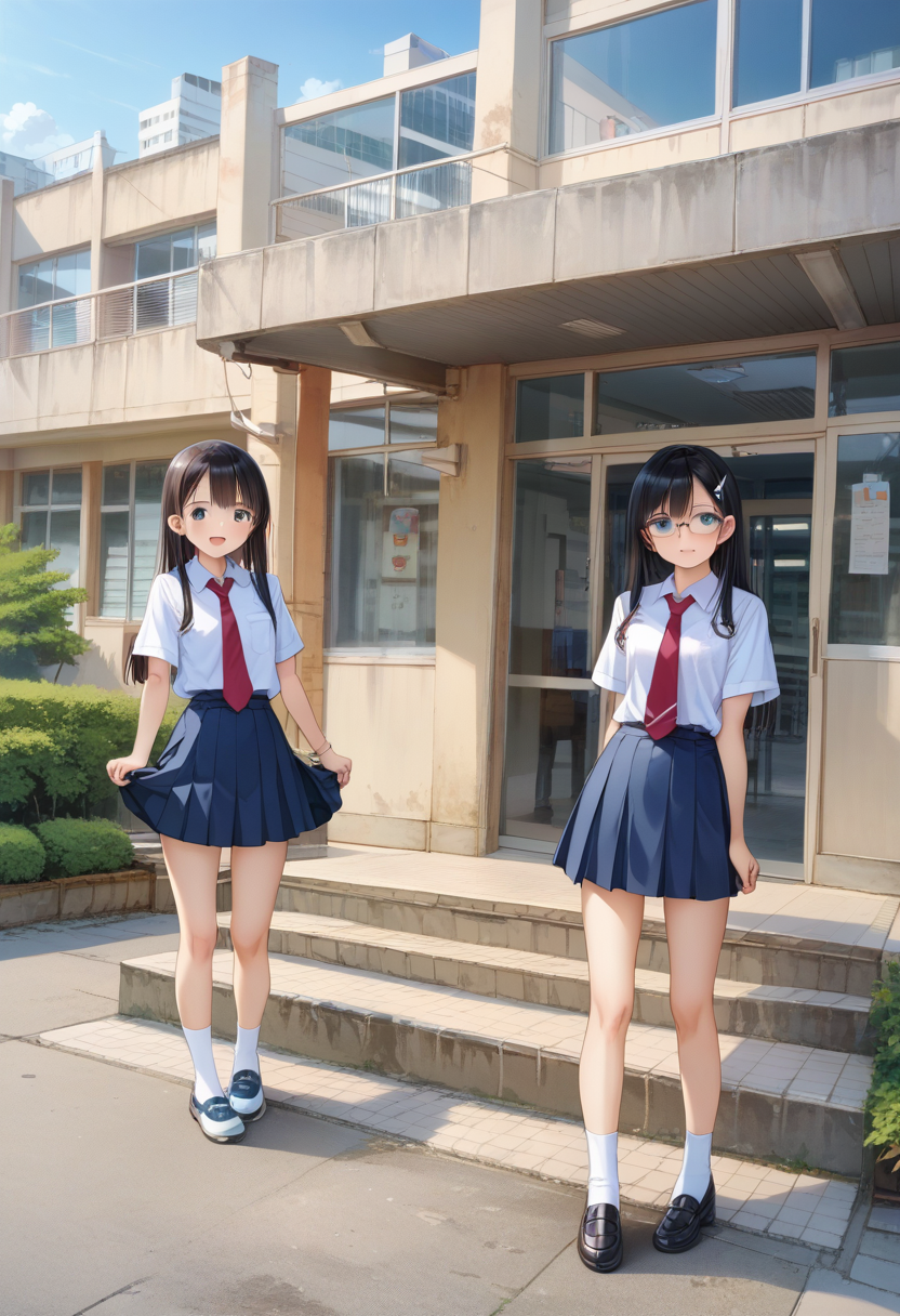 score_9, score_8_up, score_7_up, rating_safe, masterpiece, best quality, absurdres, unity 8k wallpaper, official art, official style, source_anime, uncensored, game cg, megami magazine,
multiple girls, glasses, black hair, long hair, blue eyes, collared shirt, red necktie, pleated skirt, blue skirt, socks, shoes, 
genkan, syoukouguchi, scenery, building, window, school, tree, japan, door, cityscape, city, sky, outdoors
 <lora:gakkou_syokoguchi_PONY_V1:1>