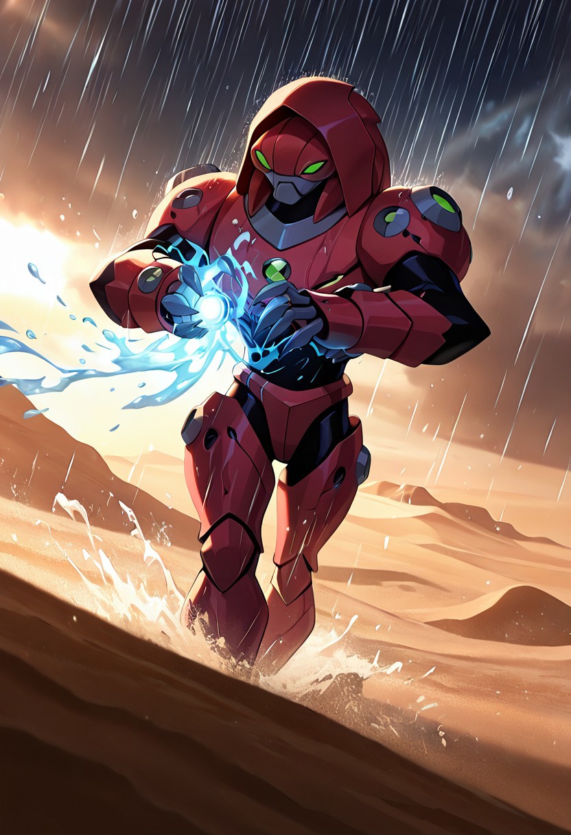 masterpiece, best quality, amazing quality, very aesthetic, absurdres, newest,, detailed background, 
waterhazard, solo, red armor, red hood up, , helmet, mecha, alien, claws, green eyes
in desert, sand dunes, raining, shooting water from hands, aiming hands above, water magic,