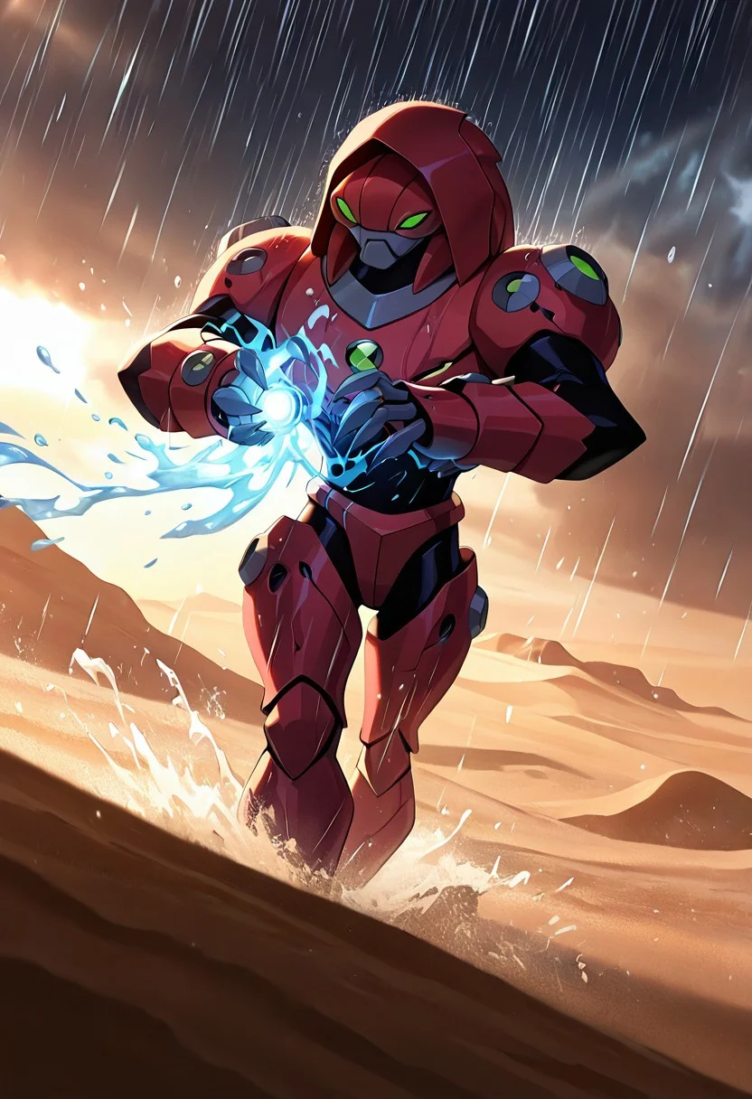 masterpiece, best quality, amazing quality, very aesthetic, absurdres, newest,, detailed background,
waterhazard, solo, red armor, red hood up, , helmet, mecha, alien, claws, green eyes
in desert, sand dunes, raining, shooting water from hands, aiming hands above, water magic,