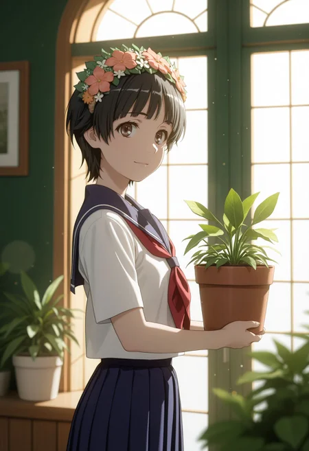 masterpiece,best quality,absurdres,highres,very aesthetic,high quality,detailed,insanely detailed,beautiful,perfect lighting, ,depth of field,blurry background,bokeh,
standing, from side,light smile, looking at viewer, upper body, detailed background,blurry foreground, plant, potted plants,green house,window, closed blindes,volumetric light,plants in foreground,holding potted plant, apron,flowers,
<lora:Uiharu Kazari:1> 1girl, short hair, black hair, brown eyes, head wreath, sakugawa school uniform, summer uniform, serafuku, sailor collar, red neckerchief, blue skirt, pleated skirt, long skirt,