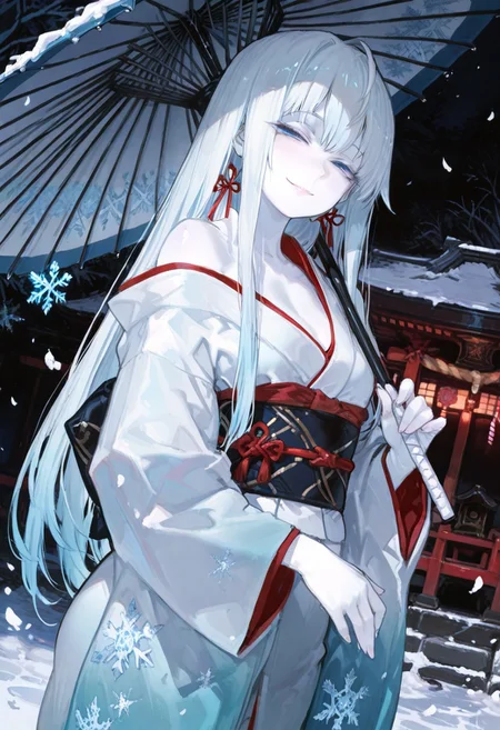masterpiece, best quality, good quality, newest, highres, absurdres, volumetric lighting,gradient color,
BREAK
raytracing, volumetric lighting, ambient occlusion, girl, luminescent background, masterpiece, best quality, very awa, absurdres,
BREAK
Yukinoshita Yukino, Yuki-onna colored skin, (white skin:1.3), solo, long hair, white hair, blue eyes, luscious lips, model style,
evil eyes, evil, bullying, sinister,
BREAK
masterpiece,amazing quality,best quality,ultra-detailed,8K,illustration,CG,shiny hair,clear skin,ultra-detailed-eyes,simple background,cute girl, eyelashes
BREAK,
long kimono, outdoors, shrine, night, moonlight, dutch angle, dark theme, high contrast, holding umbrella, snowflakes, snow, bare shoulder, looking at viewer, petals falling, , smile, half-closed eyes, sash,