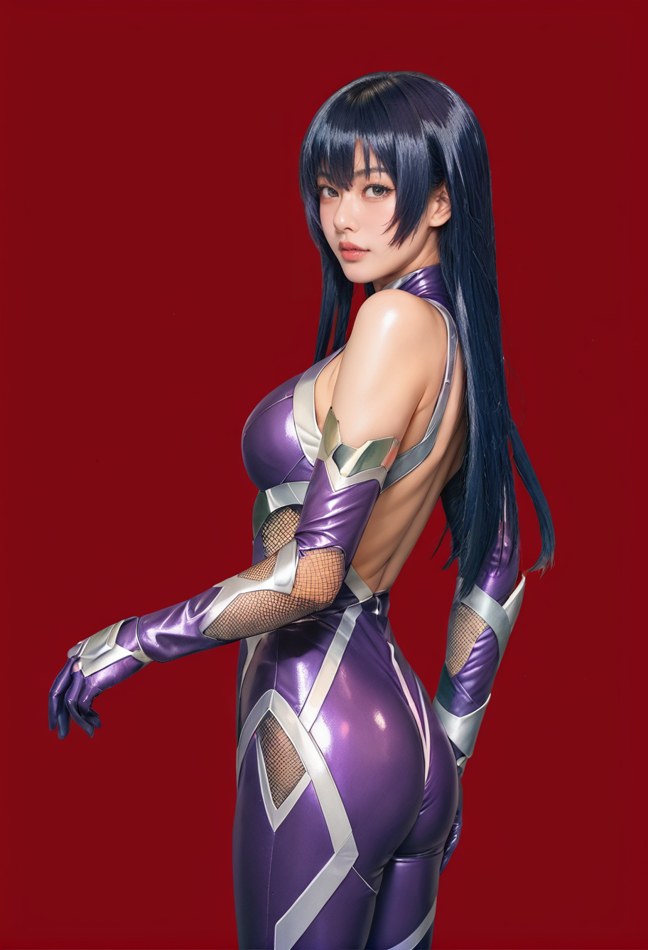 1girl,red background,ruanyi0936,taimanin suit,cowboy shot,bare shoulders,purple bodysuit,elbow gloves,long hair,,<lora:0936 Asagi Igawa (taimanin suit)_v1_pony:1>, score_9,score_8_up,score_7_up,,8k,1girl,solo,,