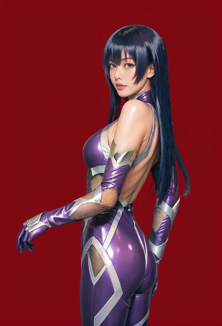 1girl,red background,ruanyi0936,taimanin suit,cowboy shot,bare shoulders,purple bodysuit,elbow gloves,long hair,,<lora:0936 Asagi Igawa (taimanin suit)_v1_pony:1>, score_9,score_8_up,score_7_up,,8k,1girl,solo,,