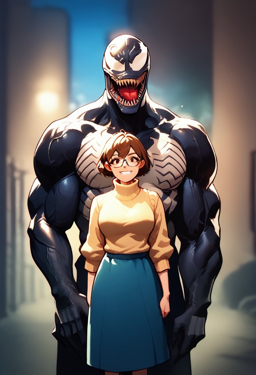 score_9, score_8_up, score_7_up, score_6_up,source anime,,1girl,1man, brown hair, glasses, sweater, brown eyes, skirt, short hair, looking at viewer, turtleneck, turtleneck sweater,
1man,Venom stands at his full height behind him, showing off the muscles on his powerful arms, big teeth, and a crazy smile.symbiote,muscular,tongue out,monster,