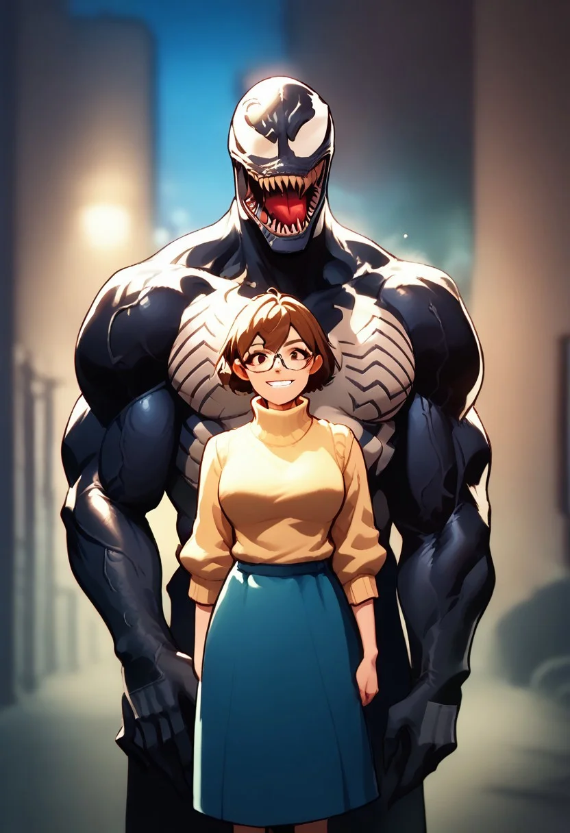 score_9, score_8_up, score_7_up, score_6_up,source anime,,1girl,1man, brown hair, glasses, sweater, brown eyes, skirt, short hair, looking at viewer, turtleneck, turtleneck sweater,
1man,Venom stands at his full height behind him, showing off the muscles on his powerful arms, big teeth, and a crazy smile.symbiote,muscular,tongue out,monster,