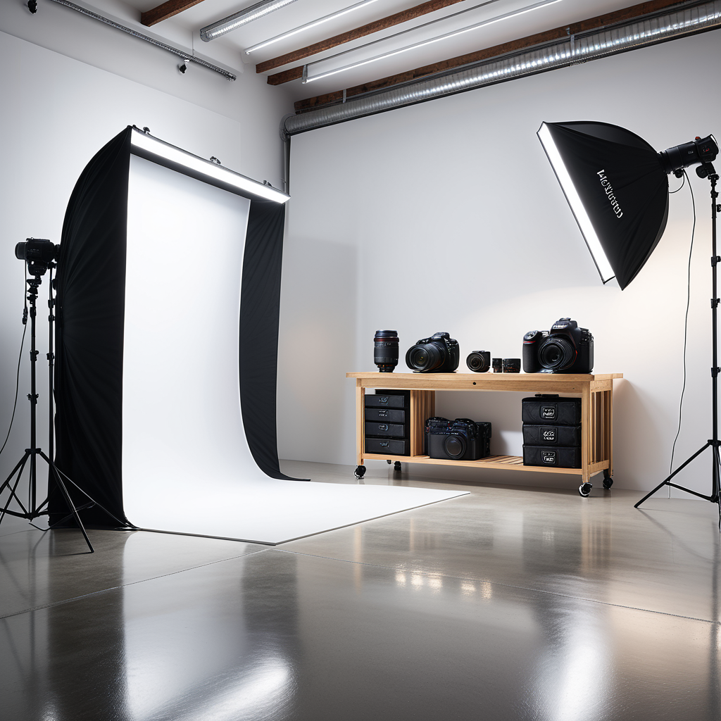 A professional photography studio with a clean, modern design. The room has smooth white walls and a polished concrete floor. A large white backdrop extends across one wall, seamlessly curving into the floor to create an infinity effect. Positioned directly in front of the backdrop is a high-end DSLR camera mounted on a sturdy black tripod, aimed toward the scene for shooting. The camera has a visible lens and adjustment dials, indicating a professional setup. On either side of the backdrop are two large softbox lights mounted on adjustable stands, emitting a soft, even glow. In the background, there are black equipment cases stacked neatly against the wall, adding to the organized workspace. The overhead fluorescent lights illuminate the space evenly, and faint reflections of the setup can be seen on the smooth floor. The overall atmosphere is bright, clean, and professional, emphasizing functionality and creative potential.
<lora:SDXLFaeTastic2400:0.4> <lora:extremely_detailed:0.4> extremely detailed, Masterpiece,best quality,hi res,8k,hi res,8k,award winning,(sharp focus, intricate, highly detailed),