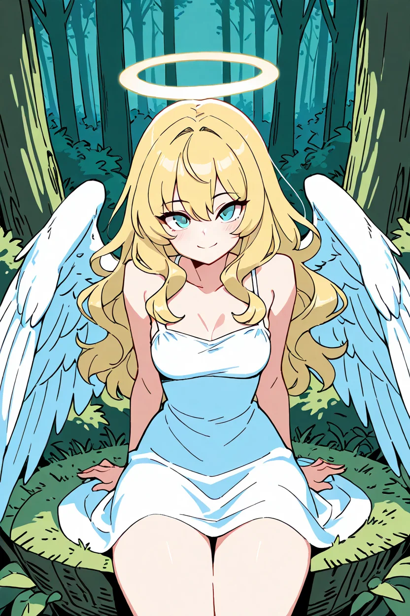 masterpiece, best quality, medium breasts, BREAK, 1girl, solo, blonde hair, wavy hair, angel, angel wings, halo, smile, sitting, forest, white dress, smile, looking at viewer, cowboy shot, <lora:DiivesIXL:1.0>,