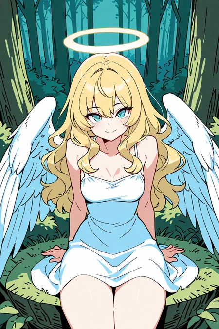 masterpiece, best quality, medium breasts, BREAK, 1girl, solo, blonde hair, wavy hair, angel, angel wings, halo, smile, sitting, forest, white dress, smile, looking at viewer, cowboy shot, <lora:DiivesIXL:1.0>,