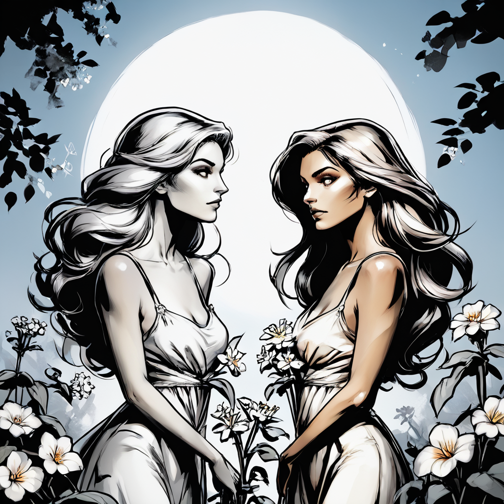 core_9, score_8_up, score_7_up, score_6_up, <lora:Azure_Sketch_IllustrationPony:1>  ArsMJStyle, AzureSketch, Gemini, Two women with long hair and flowers stand before a crescent moon, their faces softly illuminated. Multiple girls, long hair, flowers, crescent moon, serene, reflective, intimate, glowing.