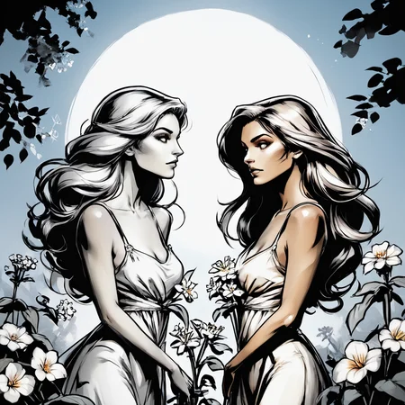 core_9, score_8_up, score_7_up, score_6_up, <lora:Azure_Sketch_IllustrationPony:1> ArsMJStyle, AzureSketch, Gemini, Two women with long hair and flowers stand before a crescent moon, their faces softly illuminated. Multiple girls, long hair, flowers, crescent moon, serene, reflective, intimate, glowing.