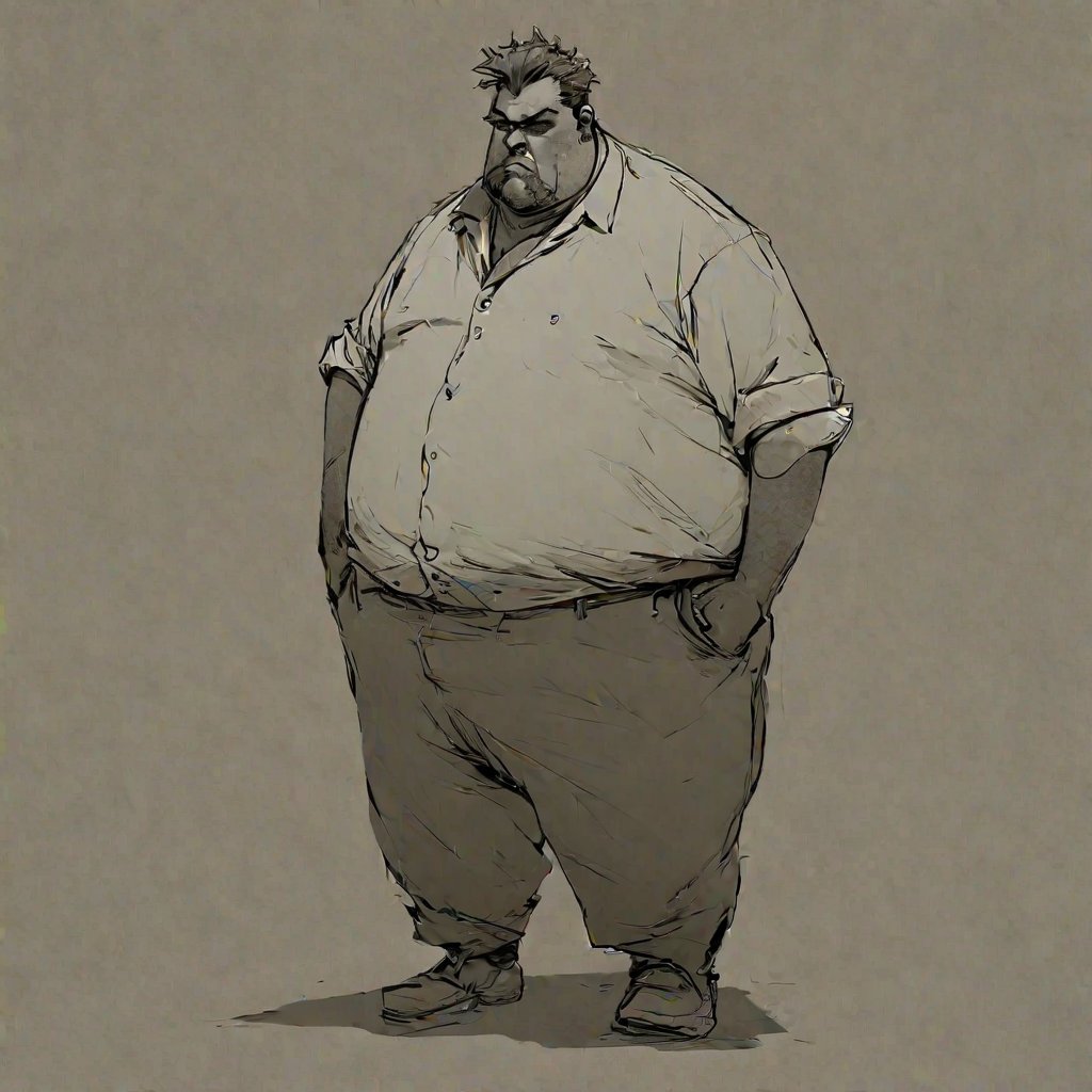 style, <lora:Charasilhouette-V1-000004:1> simple background, grinding, steampunk, casual, fat butcher in market street, casual pose,full body