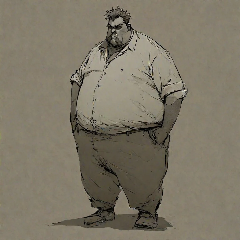 style, <lora:Charasilhouette-V1-000004:1> simple background, grinding, steampunk, casual, fat butcher in market street, casual pose,full body