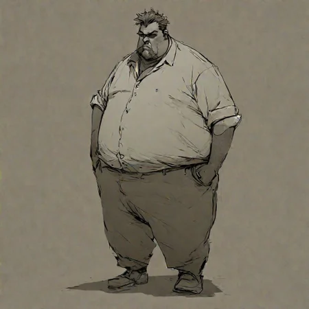style, <lora:Charasilhouette-V1-000004:1> simple background, grinding, steampunk, casual, fat butcher in market street, casual pose,full body
