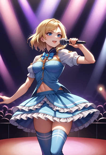 score_9, score_8_up, source_anime, 1girl, solo, Ashelia, medium hair, blonde hair, blue eyes, idol, idol uniform, bowtie, skirt, brooch, dress, concert, on stage, frilled skirt, jewelry, layered dress, short sleeves, midriff, thighhighs, microphone, holding microphone, stage lights, <lora:CHAR-AsheliaPonyXL:1>