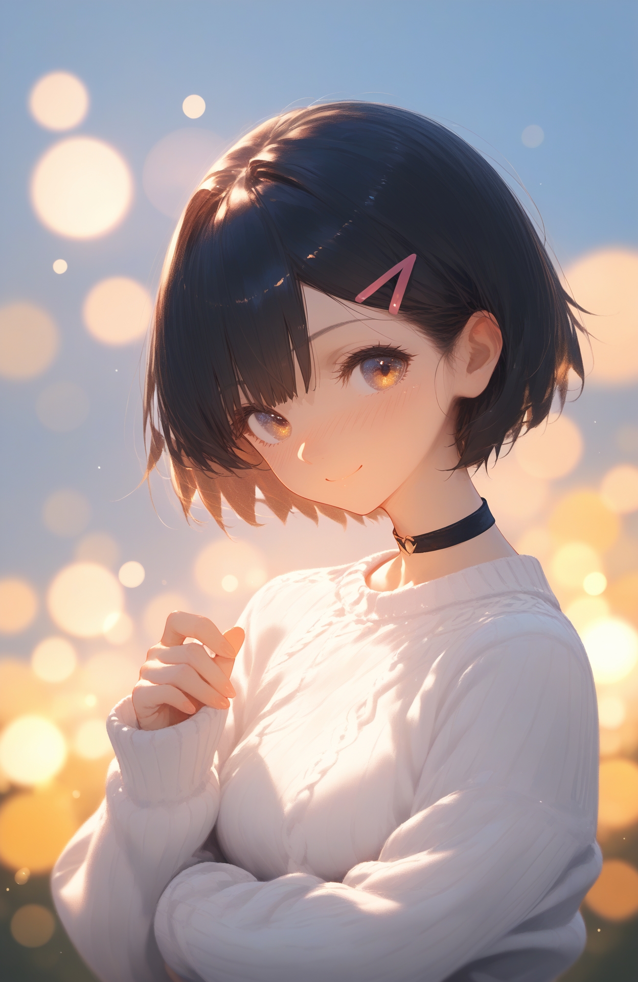 score_9,score_8_up,score_7_up,score_6_up,source_anime,softnai3style,
<lora:softNai3Style01:1>,
solo,1girl,looking at viewer,short hair,hair ornament,sweater,hairclip,upper body,blush,black hair,blurry,holding,bangs,choker,long sleeves,white sweater,sleeves past wrists,smile,closed mouth,backlighting,lens flare,bokeh,
