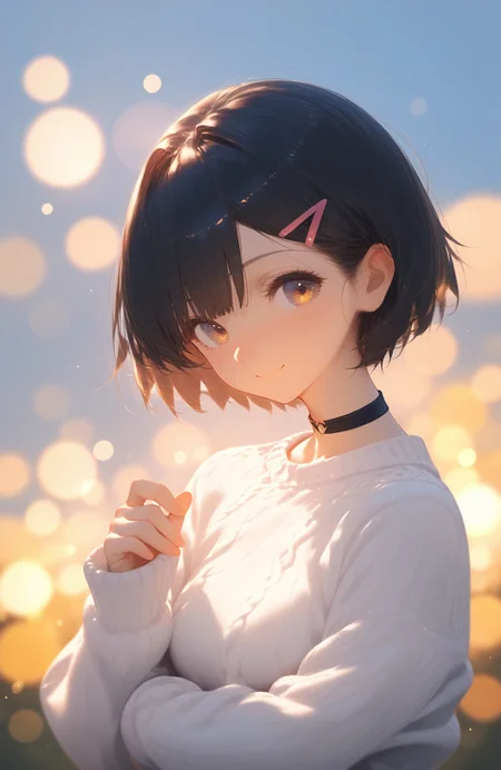 score_9,score_8_up,score_7_up,score_6_up,source_anime,softnai3style,
<lora:softNai3Style01:1>,
solo,1girl,looking at viewer,short hair,hair ornament,sweater,hairclip,upper body,blush,black hair,blurry,holding,bangs,choker,long sleeves,white sweater,sleeves past wrists,smile,closed mouth,backlighting,lens flare,bokeh,