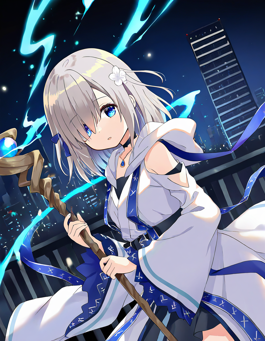 masterpiece, best quality, newest, absurdres, highres, safe, 1girl, isuzu ren, magia record: mahou shoujo madoka magica gaiden, holdding staff, looking at viewer, upper body, casting spell, blue energy, particle, glow, haze, skyscraper rooftop, night, dutch angle, <lora:isuzu_ren_noobaiXLNAIXL_vPred10Version:0.7>