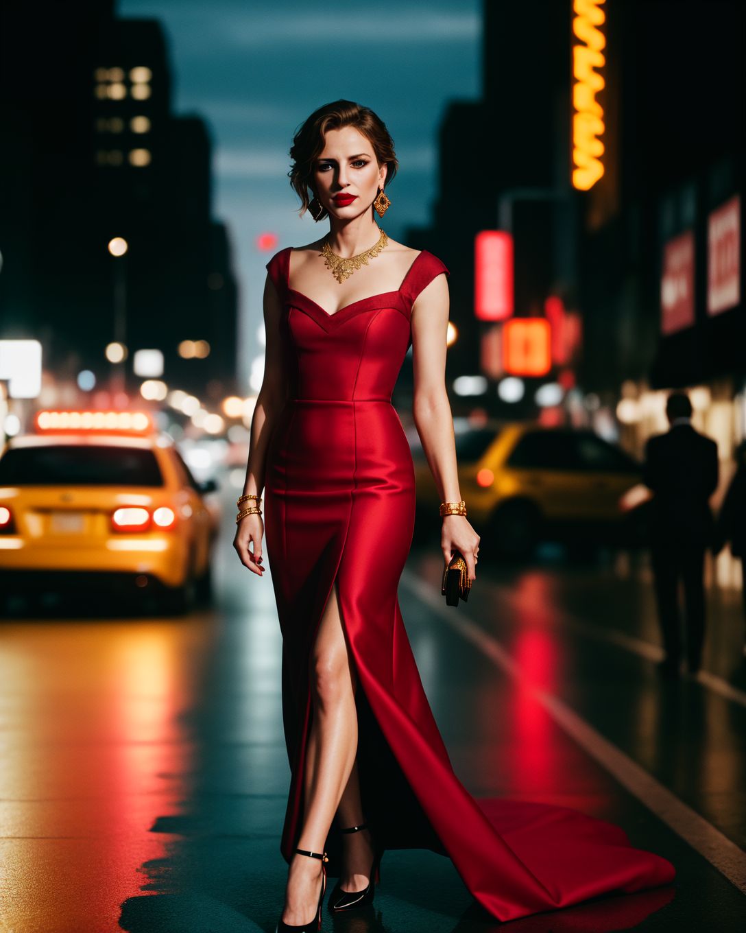 (style of [mario testino|annie leibovitz]:1.4), XD-Scene  Style-DoF, (style of Peter Lindbergh), woman, upper body, face, dressed in a couture gown, deep red, intricate lace, luxurious fabric, gold embroidery, baroque-inspired patterns, the gown hugs her silhouette, dramatic, elegant, regal, model's expression confident, intense gaze, hair styled in a tousled updo, bold red lipstick, flawless makeup, golden jewelry, necklace, earrings, exuding sophistication, poised, powerful, New York City, street scene, evening, blurred background, vibrant city lights, bustling atmosphere, the contrast between high fashion and the urban setting, neon signs, wet pavement reflecting lights, creating a cinematic effect, slight bokeh, capturing the energy of the city, blending luxury with street style, visual storytelling, modern couture, timeless elegance, the model stands out amidst the urban chaos, commanding attention, a perfect blend of glamour and grit, high-end fashion editorial, capturing the essence of New York's vibrant nightlife, bold, alluring, captivating <lora:kodak_ektar:0.8>