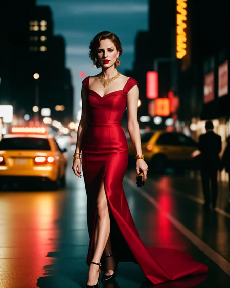 (style of [mario testino|annie leibovitz]:1.4), XD-Scene  Style-DoF, (style of Peter Lindbergh), woman, upper body, face, dressed in a couture gown, deep red, intricate lace, luxurious fabric, gold embroidery, baroque-inspired patterns, the gown hugs her silhouette, dramatic, elegant, regal, model's expression confident, intense gaze, hair styled in a tousled updo, bold red lipstick, flawless makeup, golden jewelry, necklace, earrings, exuding sophistication, poised, powerful, New York City, street scene, evening, blurred background, vibrant city lights, bustling atmosphere, the contrast between high fashion and the urban setting, neon signs, wet pavement reflecting lights, creating a cinematic effect, slight bokeh, capturing the energy of the city, blending luxury with street style, visual storytelling, modern couture, timeless elegance, the model stands out amidst the urban chaos, commanding attention, a perfect blend of glamour and grit, high-end fashion editorial, capturing the essence of New York's vibrant nightlife, bold, alluring, captivating <lora:kodak_ektar:0.8>