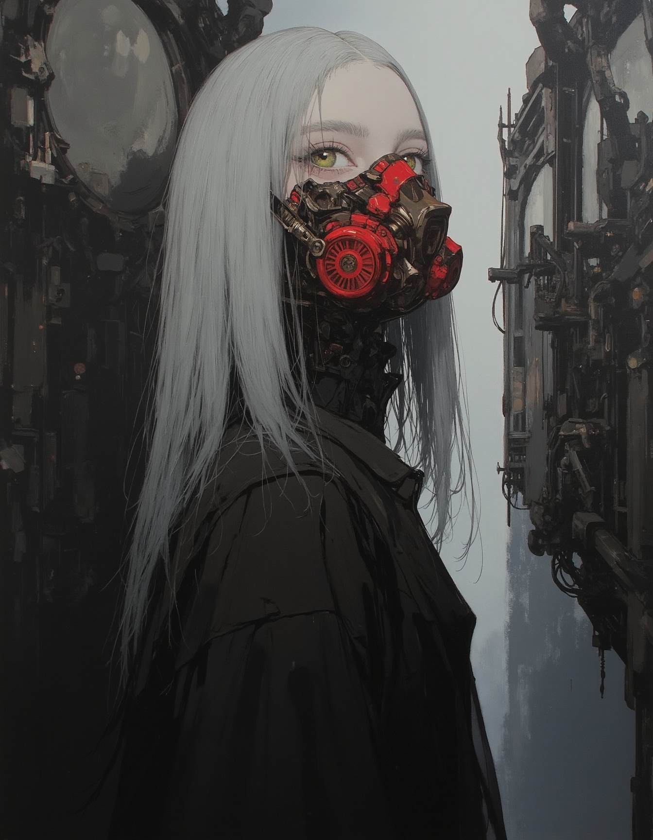 masterpiece, high quality, Oil Painting, Hyper-realistic, overhead view, hyper-detailed wide-angled painting of an awkwardly beautiful teen elf girl who is wearing a futuristic simple black corseted dress that leave her shoulders exposed, she is prim and proper.  She is wearing a red futuristic gas mask. Her face is pale, almost translucent white. She has small pointed elf ears, bright glowing green eyes, and flowing white hair. Behind her is an infinitely long steel passage with many doors, the passage might be a mile long.  She looks like a fashion model. Focus on the girl, shadow and light, Masterpiece, intricate lines, intriguing atmosphere, sharp magnificent details, delicate features, elaborate details, (2/3 rule composition:0.5), ultra detailed, romantic, Rembrandt lighting, brush stroke, lovely, novuschroma, in the style of Rembrandt. FS, vantablack <lora:style_of_Rembrandt_FLUX_135:.3> <lora:- Flux1 - vanta_black_V2.0:.6> <lora:neeeg_f1:-1> <lora:113_novuschromaFLX_1:.3> <lora:Midjourney_Whisper_Minimal:.4> <lora:FS_v2:.3> <lora:s1n0z1ck-flux-test-lora:2.3>