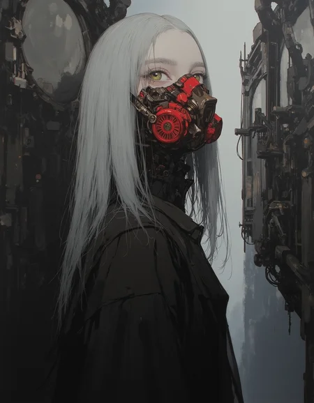 masterpiece, high quality, Oil Painting, Hyper-realistic, overhead view, hyper-detailed wide-angled painting of an awkwardly beautiful teen elf girl who is wearing a futuristic simple black corseted dress that leave her shoulders exposed, she is prim and proper. She is wearing a red futuristic gas mask. Her face is pale, almost translucent white. She has small pointed elf ears, bright glowing green eyes, and flowing white hair. Behind her is an infinitely long steel passage with many doors, the passage might be a mile long. She looks like a fashion model. Focus on the girl, shadow and light, Masterpiece, intricate lines, intriguing atmosphere, sharp magnificent details, delicate features, elaborate details, (2/3 rule composition:0.5), ultra detailed, romantic, Rembrandt lighting, brush stroke, lovely, novuschroma, in the style of Rembrandt. FS, vantablack <lora:style_of_Rembrandt_FLUX_135:.3> <lora:- Flux1 - vanta_black_V2.0:.6> <lora:neeeg_f1:-1> <lora:113_novuschromaFLX_1:.3> <lora:Midjourney_Whisper_Minimal:.4> <lora:FS_v2:.3> <lora:s1n0z1ck-flux-test-lora:2.3>